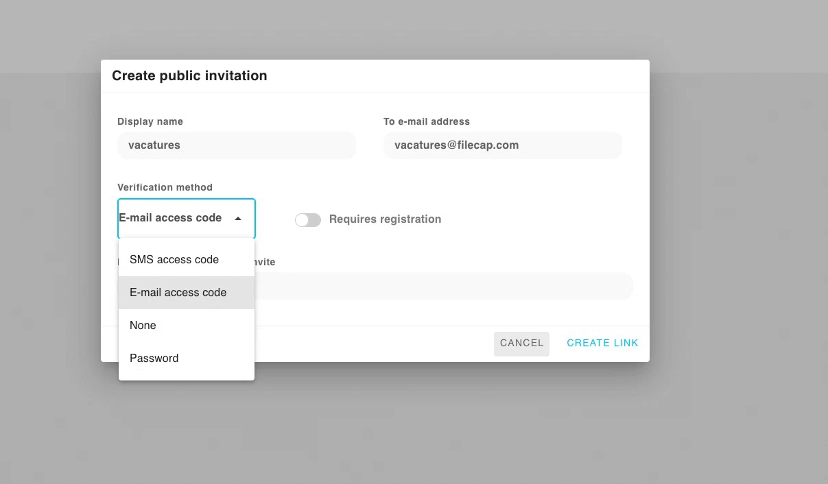 The Verification method list open, showing SMS access code, E-mail access code, None and Password