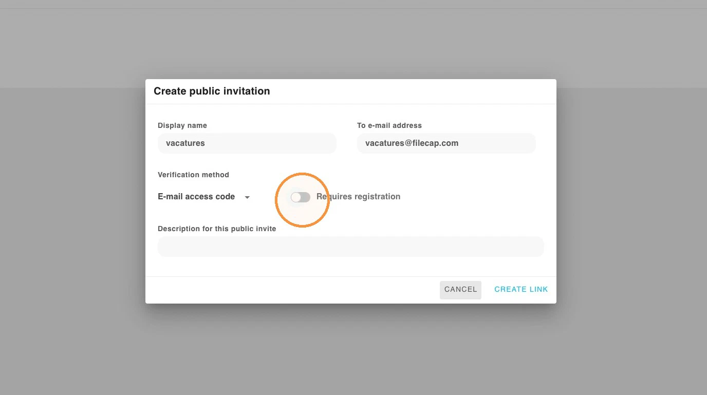 The Create public invitation dialog, with the Requires registration toggle highlighted in the off position