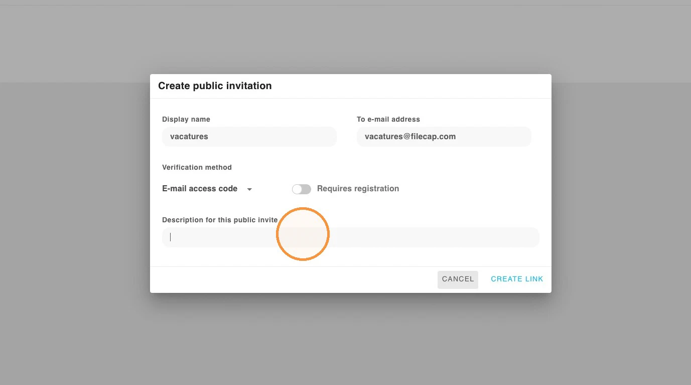 The Create public invitation dialog, with the Description for this public invite field highlighted