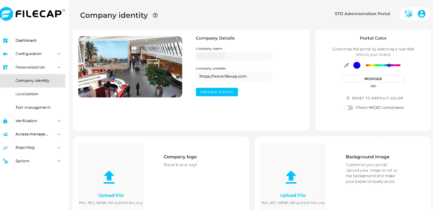 The Company identity settings, with company name and website, a portal colour picker with a WCAG compliance check, and upload areas for the company logo and the background image