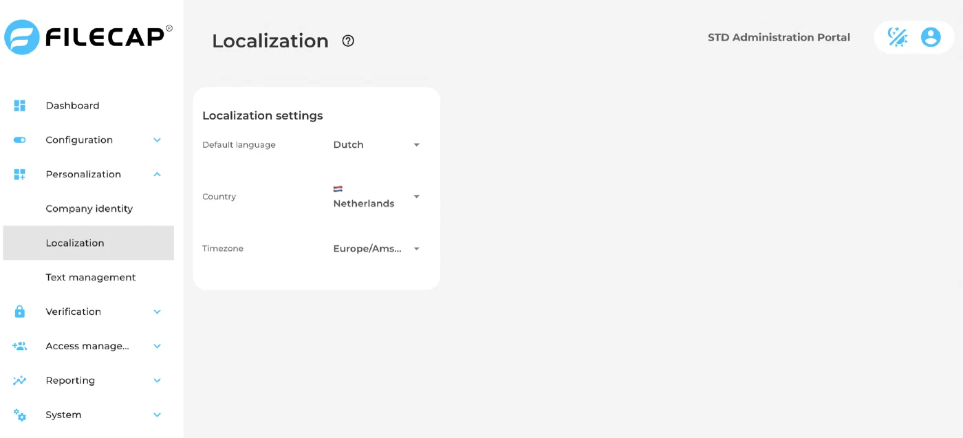 The Localization settings, with selectors for the default language, the country and the timezone