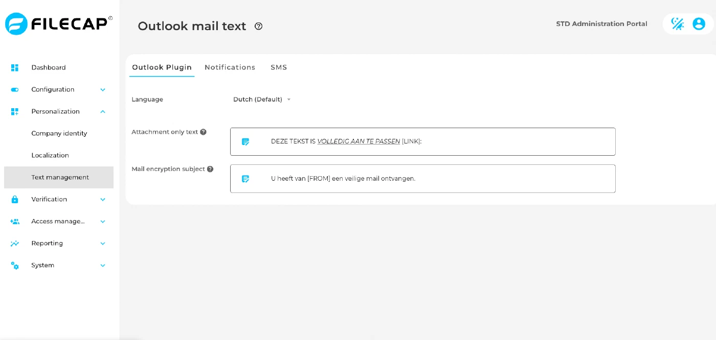 The Outlook Plugin tab of Text management, with a language selector and fields for the attachment only text and the mail encryption subject