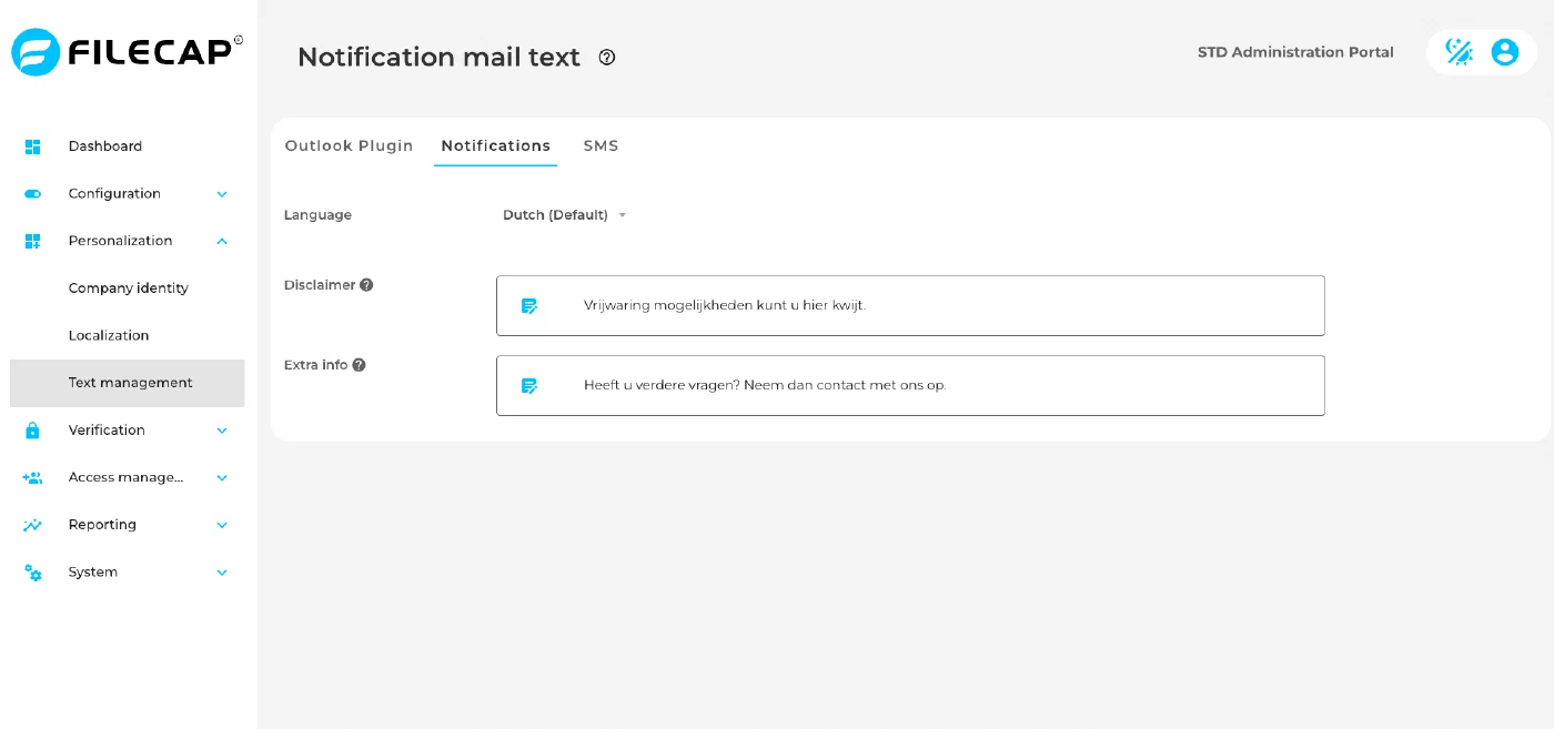 The Notifications tab of Text management, with a language selector and fields for the disclaimer and the extra info