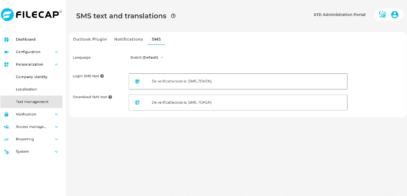 The SMS tab of Text management, with a language selector and fields for the login SMS text and the download SMS text