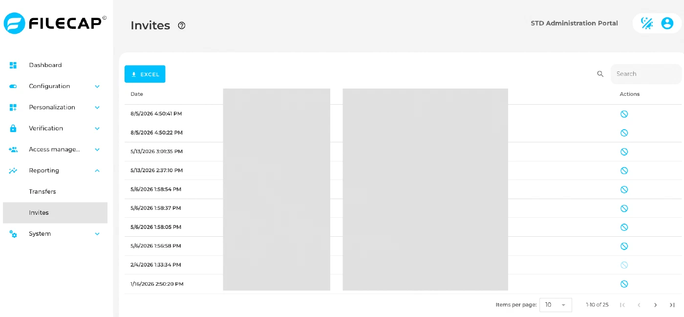 The Invites report, listing sent invitations by date with an Excel export and a search box