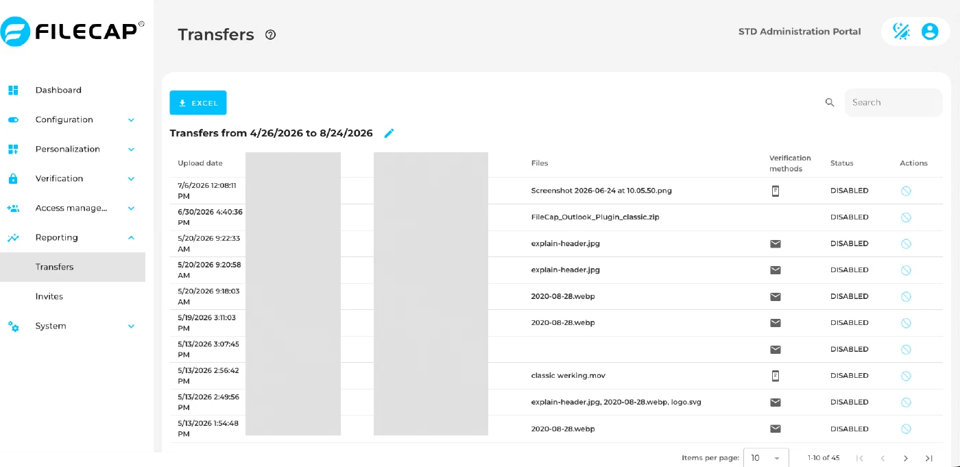 The Transfers report, listing uploads by date with the files sent, the verification method used and the status, with a date range and an Excel export