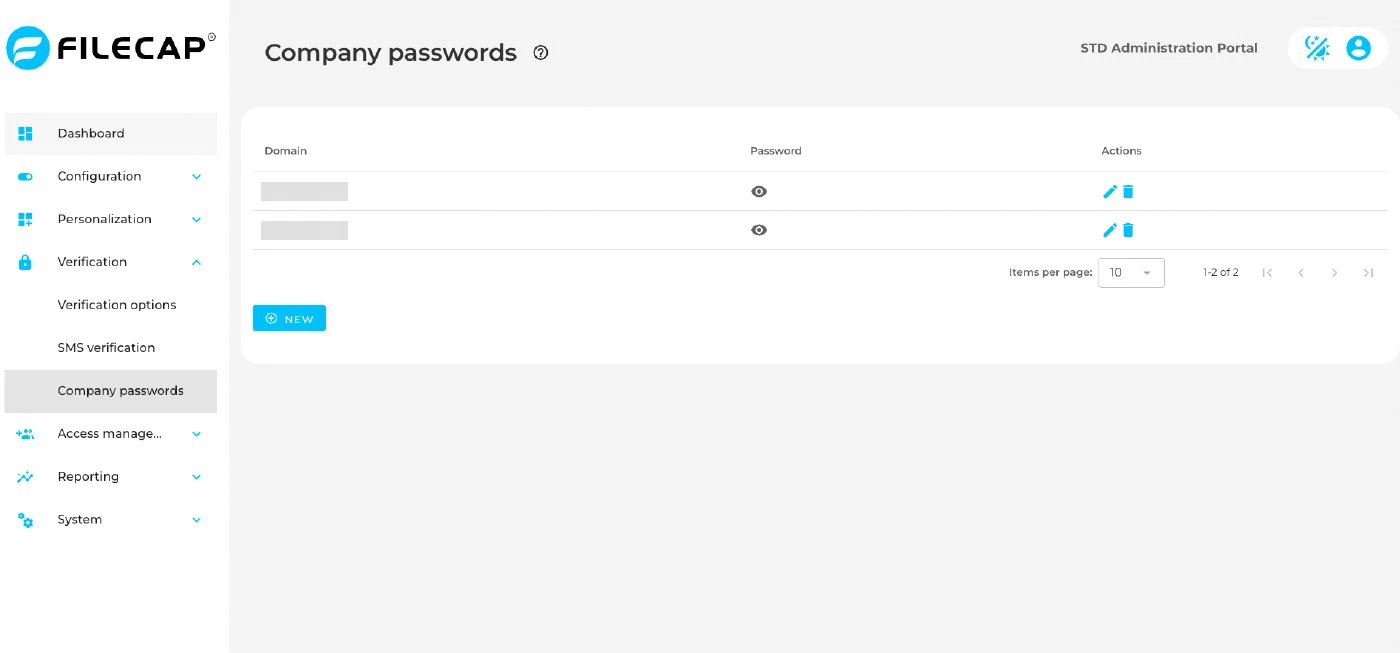 The Company passwords page, listing domains with a hidden password, edit and delete actions, and a New button