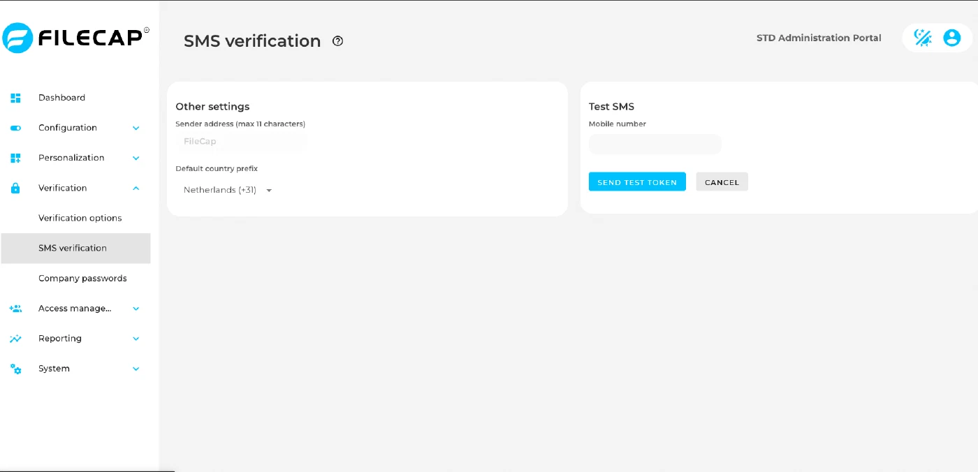The SMS verification settings, with the sender address, the default country prefix and a test SMS section