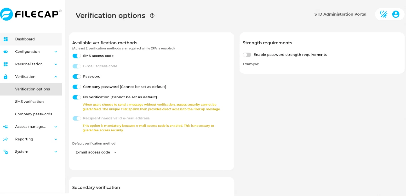 The Verification options, listing the available methods with toggles, the default verification method and the password strength requirements