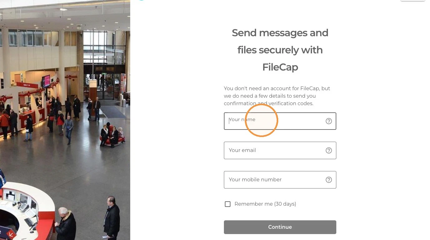 The FileCap portal sign-in form, asking for your name, email address and mobile number, with a Remember me option