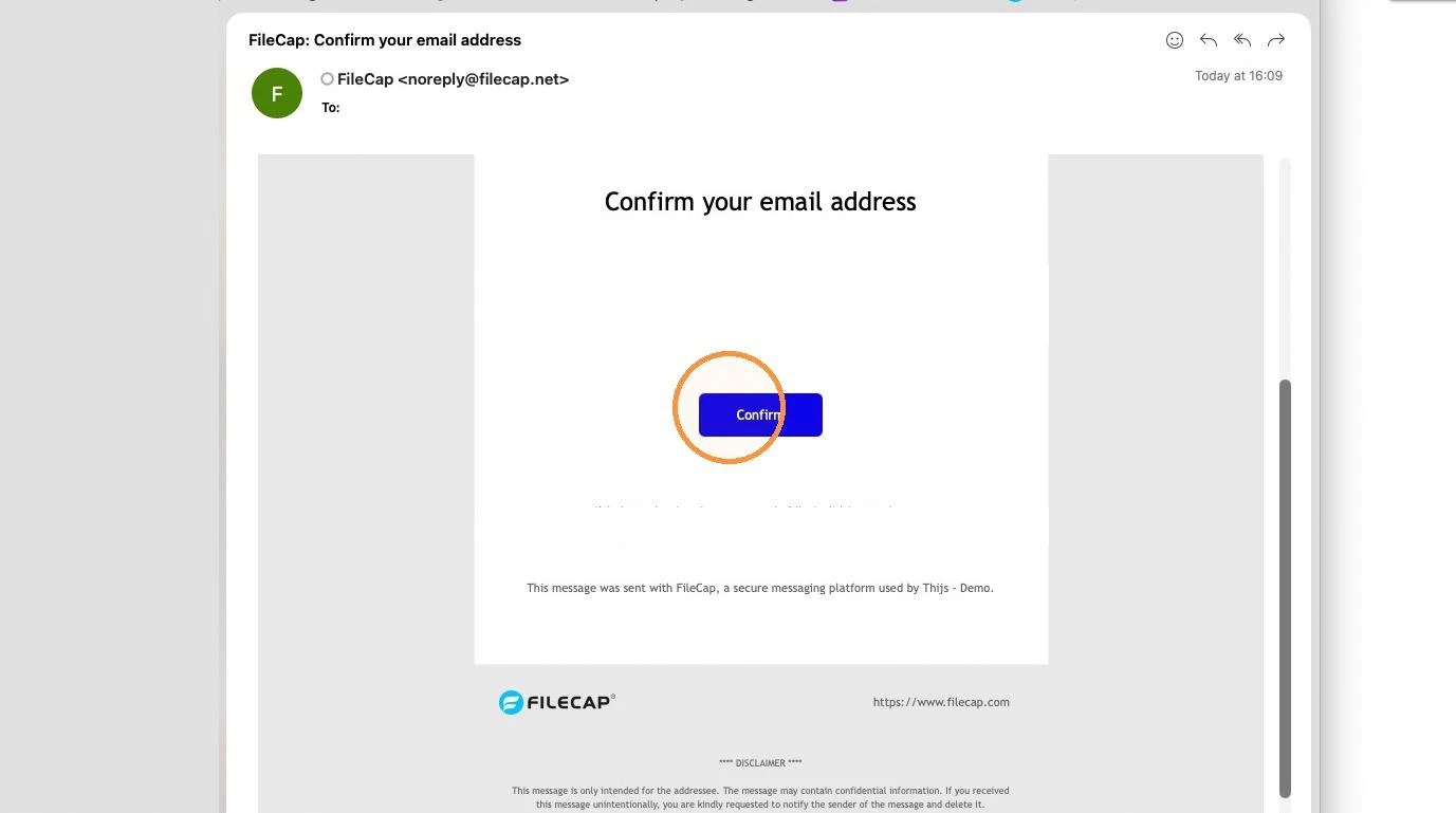 The confirmation email from FileCap with a Confirm button to verify the email address