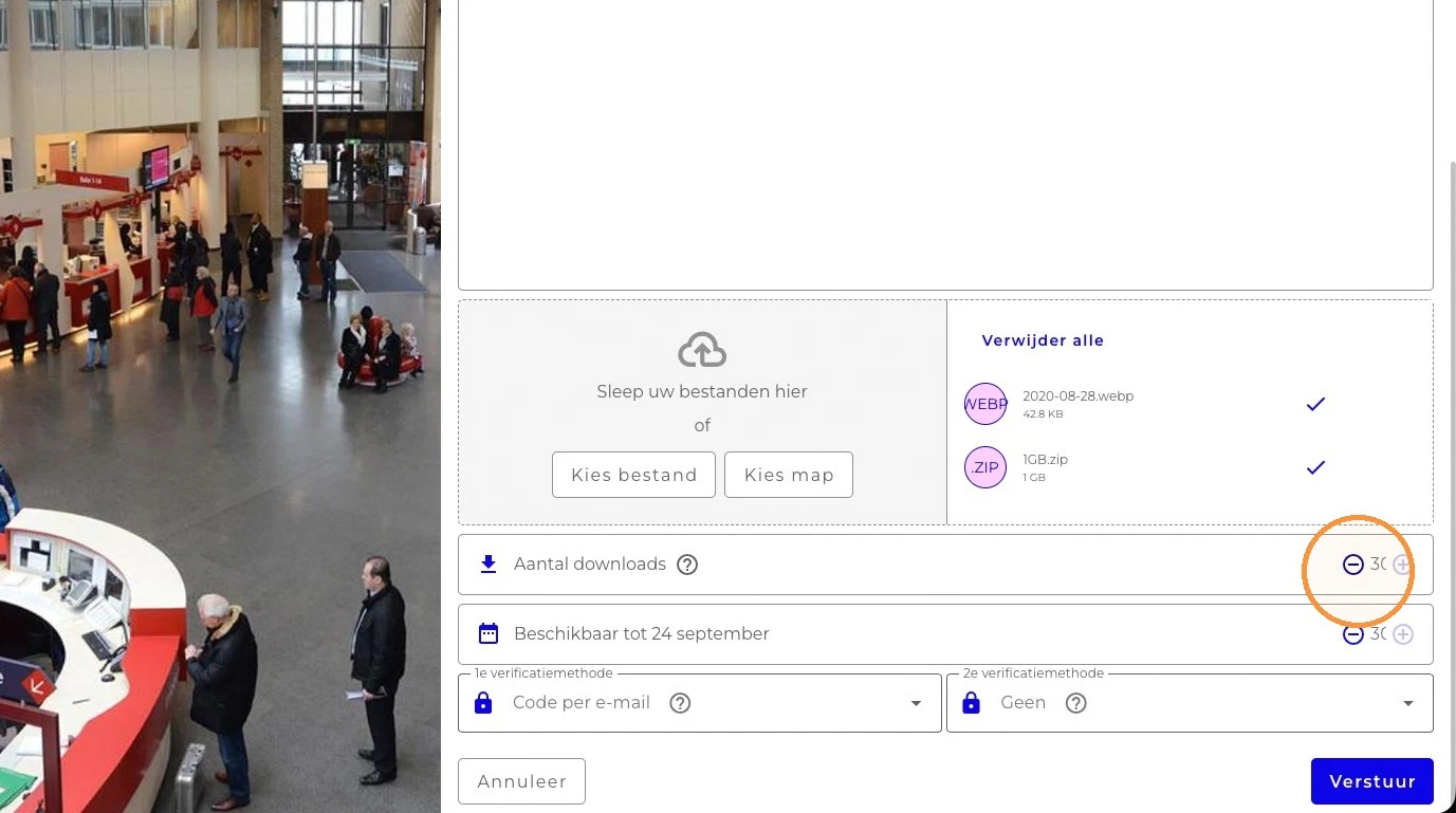 The same form with two files attached, showing the number of downloads, the availability date and two verification method selectors above the Send button